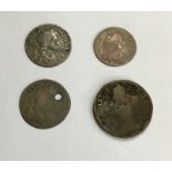 Charles II, Four Pence 1684/3 and 1680 (holed), Threepence 1680 and a Farthing.