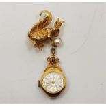 A 9ct. gold, cultured pearl and garnet set "squirrel" nurses fob watch, the squirrel brooch