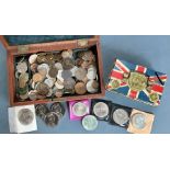 collection of uk and world coins in a wooden  box and a commemorative coronation tin. Includes