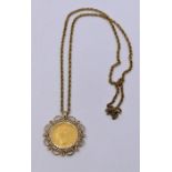 A full sovereign pendant yellow metal mounted  9CT chain