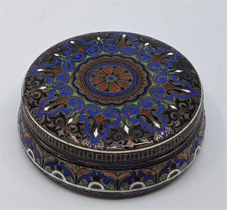 A late 19th century silver and cloisonne enamel Russian circular box and cover, 84 zolotniks,
