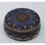 A late 19th century silver and cloisonne enamel Russian circular box and cover, 84 zolotniks,