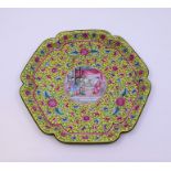 A Chinese Qing dynasty yellow ground quatrefoil charger plate