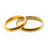 Two  14ct gold wedding bands, both D section, widths approx 4mm, sizes N and X, both engraved to