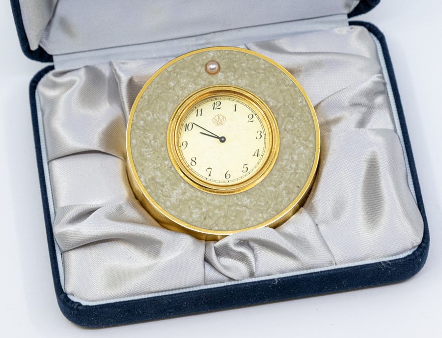 A Mikimoto International travel clock, comprising a gold tone round dial, with number markers, - Image 3 of 3