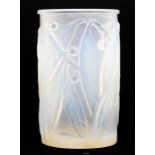 Lalique opalescent glass 'Leaf & Berry' pattern vase. Height approx 17.5cm. Signed R Lalique,