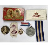 1902 Coronation tin for Cadbury with contents of medals and badges with ribbons. For the  Borough of