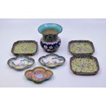 A chinese Qing dynasty enamel spitoon and collection of 18th cent enamel trays
