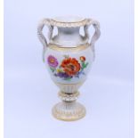 A Large Meissen vase with hand painted botanical scene and Serpent entwined handles Height 27cm