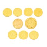 Gold coins, Napoleon 1811 40 francs, 7 x Czechoslovakia gold 1 Ducat coins 1923, 1924, 1925, 1928,