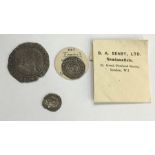 James I, Shilling mm Escallop, Halfgroat mm Rose (with original sale ticket) and a penny (holed).