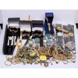 A collection of costume jewellery, watches and yellow metal rings and silver rings