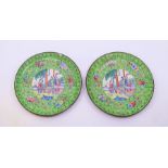 A pair of 19th cent Chinese green enamel plates decorated with carp