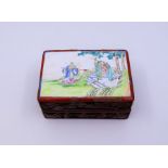 A Chinese cinnabar box with enamel cover, A green Chinese enamel box , A yellow Chinese enamel box