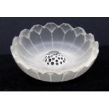 Lalique Dahlia pattern pin tray in frosted glass and black enamel. Diameter approx 8cm. Etched R