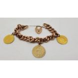A precious yellow metal charm bracelet with heart padlock clasp, (yellow metal assessed as 9ct. rose