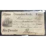 English Banknotes, Devonshire Bank £5 1817 and a Bideford Commercial Bank £1 (right hand corner
