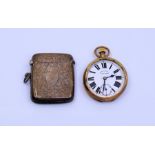 A 9ct gold pocket watch , at fault and a silver vesta case