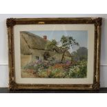 A 19th cent Cottage Garden watercolour, indistinctly signed lower right