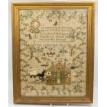 A George III sampler, decorated with Farmhouse in foreground with horse and haycart, dovecote,