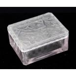 Lalique trinket box and cover. Bird decoration to the lid and geometric patterns to the body. Size