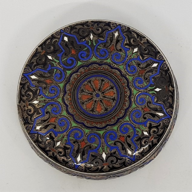 A late 19th century silver and cloisonne enamel Russian circular box and cover, 84 zolotniks, - Image 2 of 4