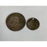 George I, Shilling 1723 SSC and a 1717 Threepence (holed)