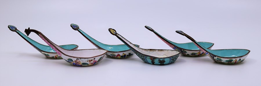 A collection of Chinese enamel Qing dynasty serving spoons