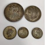George IV, Crown 1821, Half Crown 1823, Shilling 1826, Sixpence 1824 (holed), 1828  (holed).