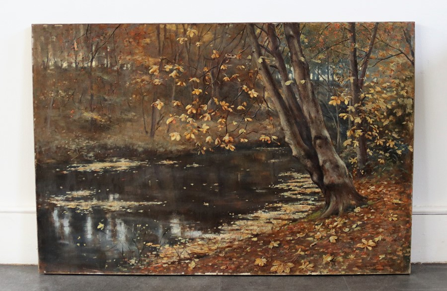 A late 19th cent oil on canvas woodland scene with tree , indistinctly signed lower right