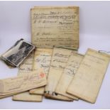 A vellum indenture and similar, postcards and old cheque stubs