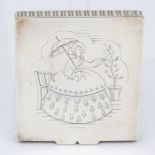 A modern silver compact case, the cover engraved with seated Lady in crinoline, initials to reverse,