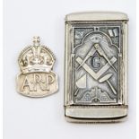 An Edwardian silver plate Masonic large vesta case, the rim stamped PAT.JAN.12.1904, 7cm long