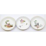 A group of three probably 18th Century Meissen porcelain saucers / bowls, white ground with gilt