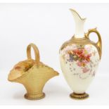 A Royal Worcester blush ivory ewer, shape no: 1745, Rg No: 233632, hand painted with flowers,