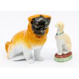 A Staffordshire figure of a seated Greyhound on oval plinth and an Austrian figure of a Pug, stamped