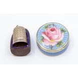 A Continental 935 silver and enamel box, decorated with a pink rose on blue guilloche enamel,