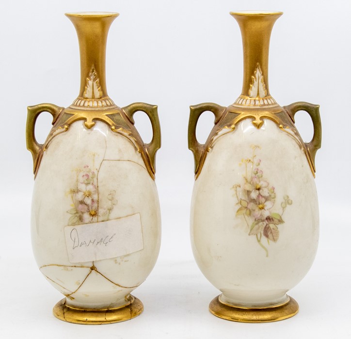 A pair of early 20th Century Royal Worcester two handled vases, shape no: 1762, decorated with fruit - Image 2 of 2