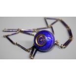 A Continental blue enamel ball Fob Watch, having Arabic numerals, the guilloche royal blue case with