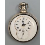 An early 19th century English silver pair cased openface pocket watch, the verge fusee movemnet