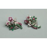 A pair of ruby, emerald and diamond white metal spray earrings, set with round, pear, square and