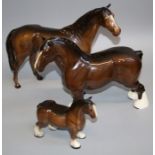 A Beswick brown gloss glazed Shire mare, a large Beswick thoroughbred (each with damaged ear) and