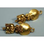Pair of Roman style  gold filigree Earrings each having disk with granular decoration and a rigid