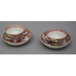 A pair of 19th century famille rose tea bowls and saucers, each decorated with figures in an