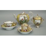 A 19th century Meissen bullet-form teapot, painted with reserves of courting couples and floral