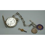 A silver hunter cased fob watch on heavy link chain, a Brough's Gratitude silver medallion named