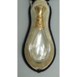 A Victorian French glass and yellow metal scent bottle  with applied pierced decoration, hinged lid,