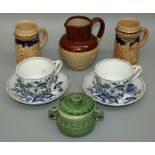 A set of reproduction 'Blue Danube' breakfast cups and saucers, an Edwardian water jug, four
