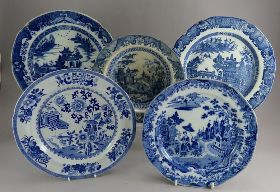 A group of early nineteenth century blue and white transfer-printed plates, c. 1810-20. To