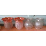 Two pairs of Victorian glass lamp shades, probably from oil lamps. (4)